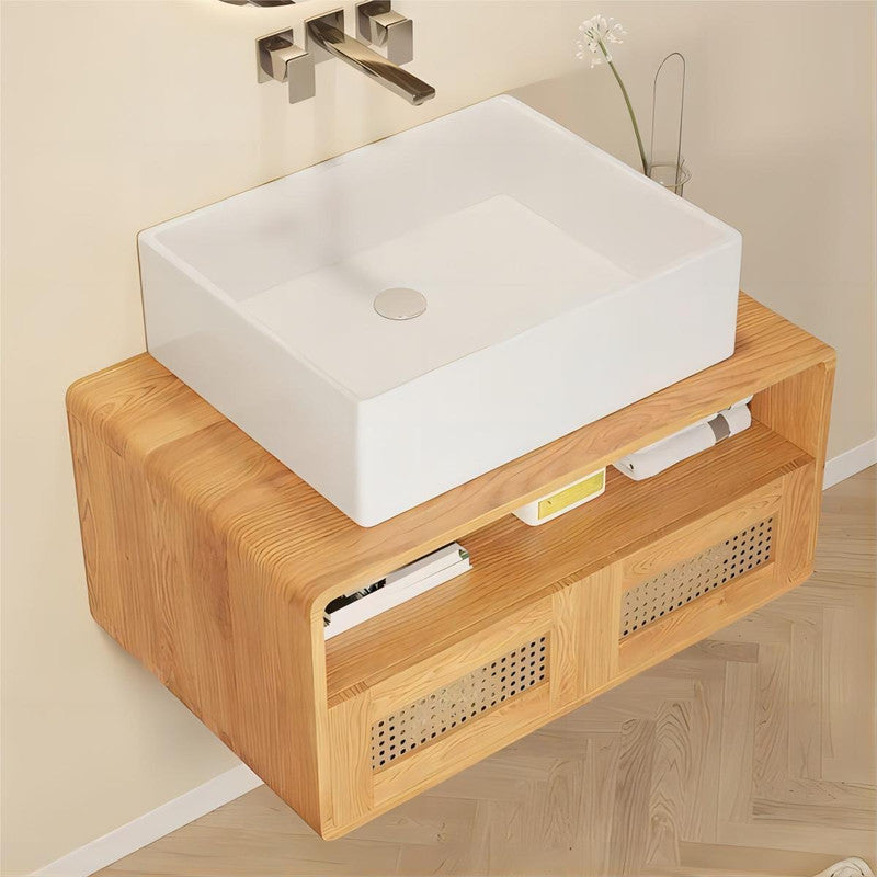 28-in Wood Floating Bathroom Vanity Set with Rattan Doors