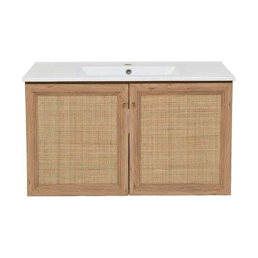 36-in Wood  Floating  Single Bathroom Vanity Set with Rattan Doors