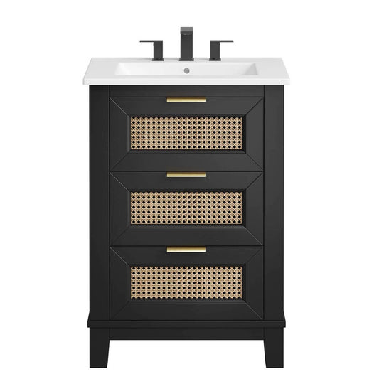 24-in Black Solid Wood Bathroom Vanity Cabinet with rattan door