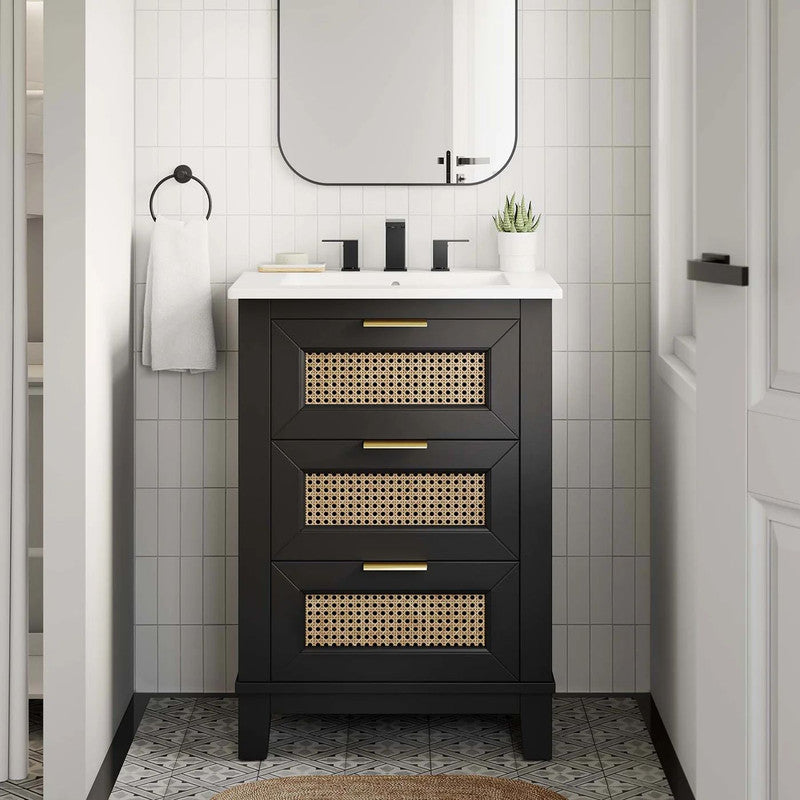 24-in Black Solid Wood Bathroom Vanity Cabinet with rattan door