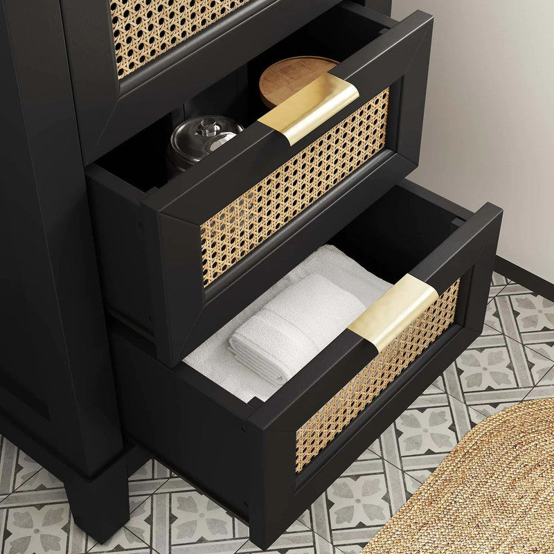 24-in Black Solid Wood Bathroom Vanity Cabinet with rattan door