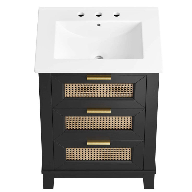 24-in Black Solid Wood Bathroom Vanity Cabinet with rattan door