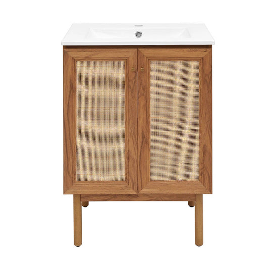 24-in Walnut Bathroom Vanity with rattan door