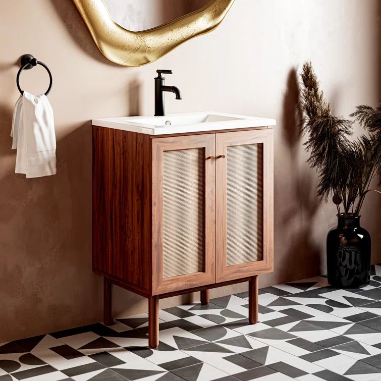 24-in Walnut Bathroom Vanity with rattan door