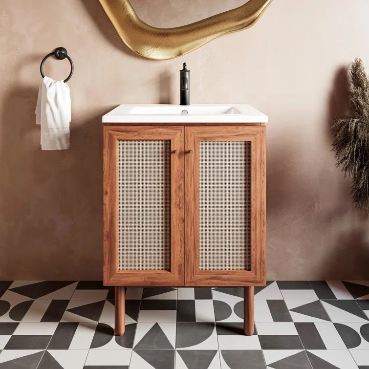 24-in Walnut Bathroom Vanity with rattan door