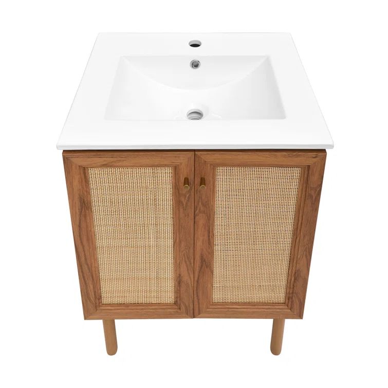 24-in Walnut Bathroom Vanity with rattan door