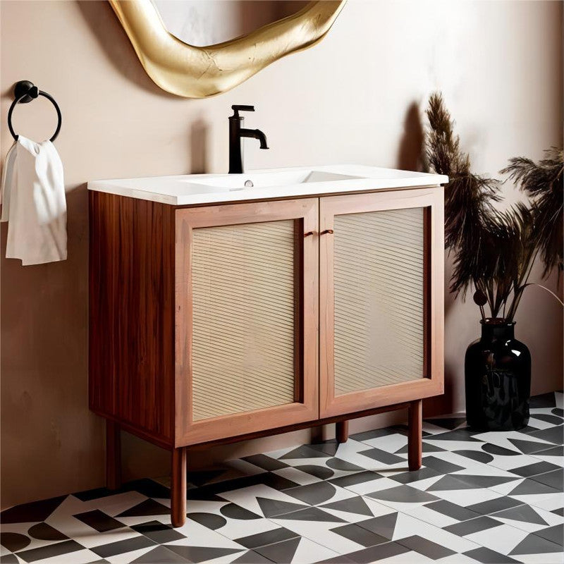 36-in Walnut Bathroom Vanity with rattan door