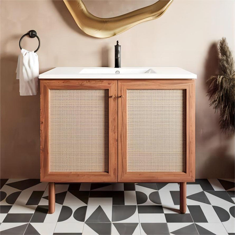 36-in Walnut Bathroom Vanity with rattan door