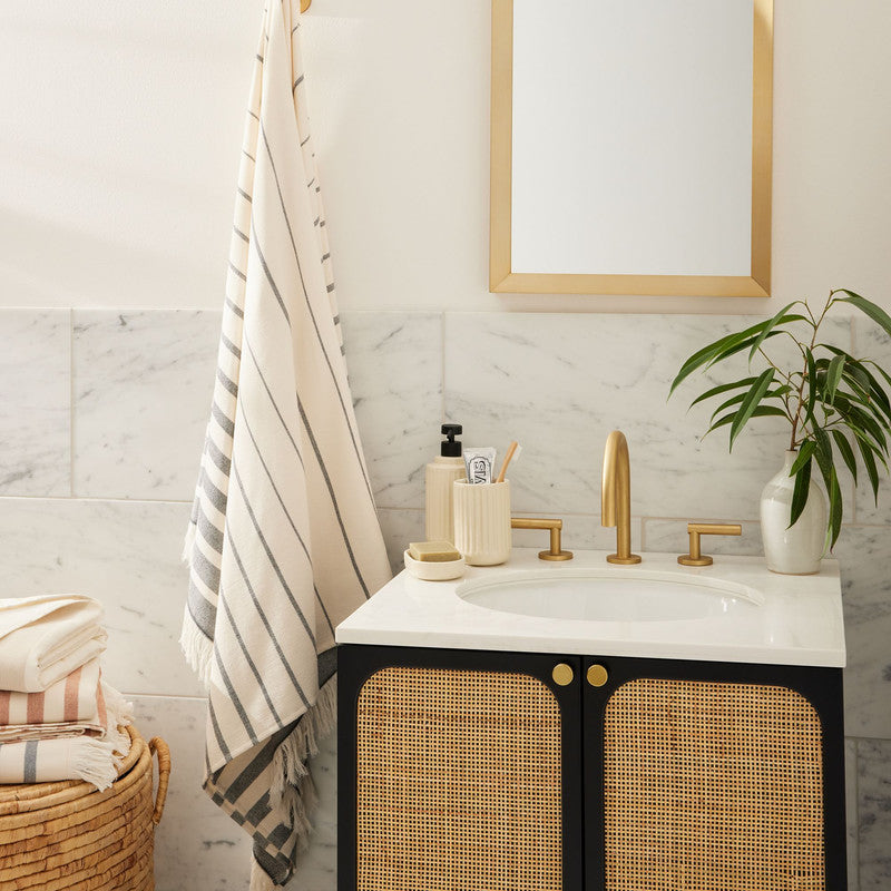 32-in Black Bathroom Vanity with white top and rattan door