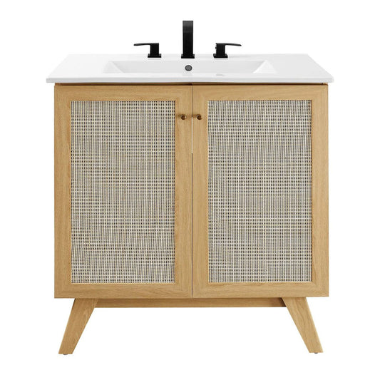 30-in Wood Bathroom Vanity with white top and Rattan 2-Door