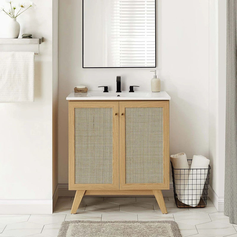 30-in Wood Bathroom Vanity with white top and Rattan 2-Door