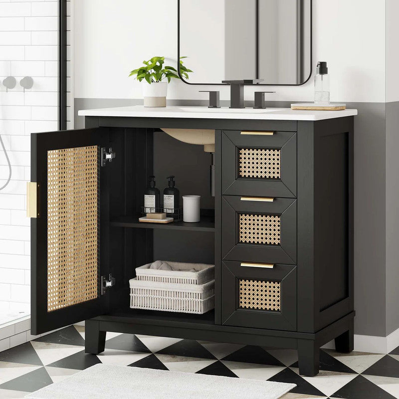 36-in Black Bathroom Vanity with Rattan Door and drawer