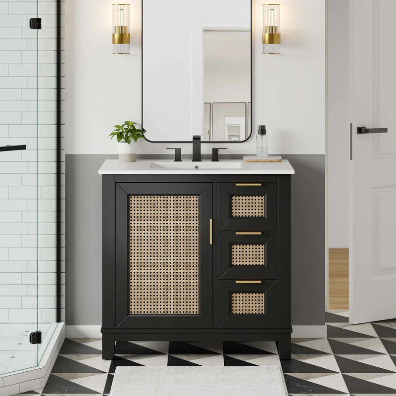 36-in Black Bathroom Vanity with Rattan Door and drawer