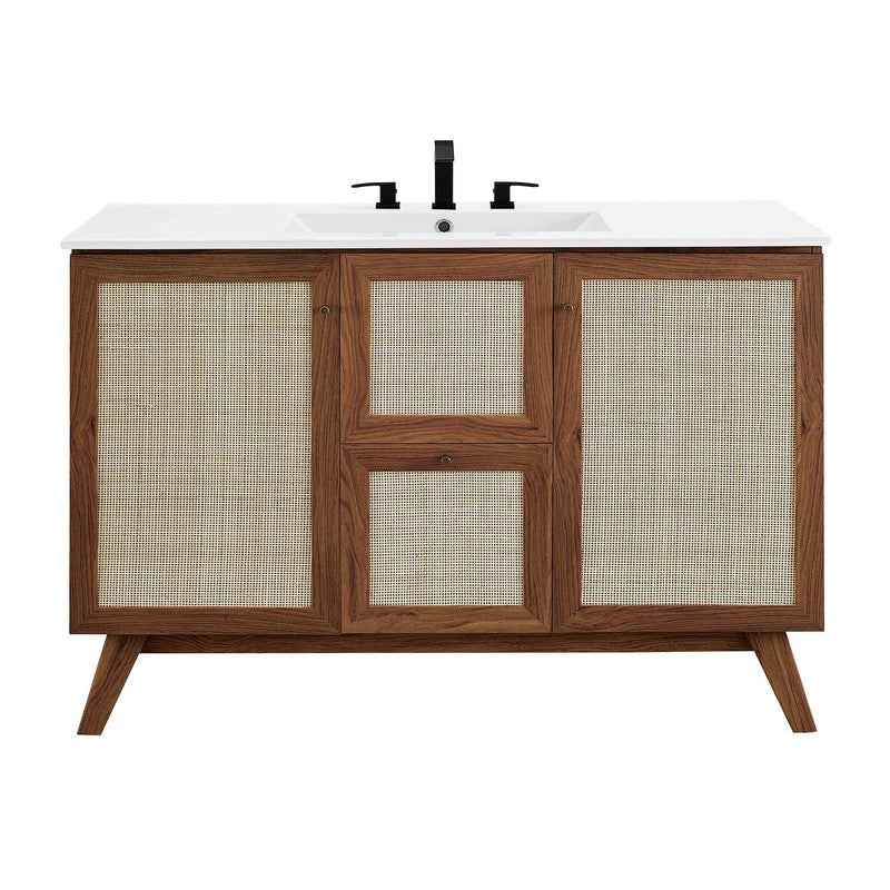 48-in Walnut Bathroom Vanity with white top and Rattan Door and drawer