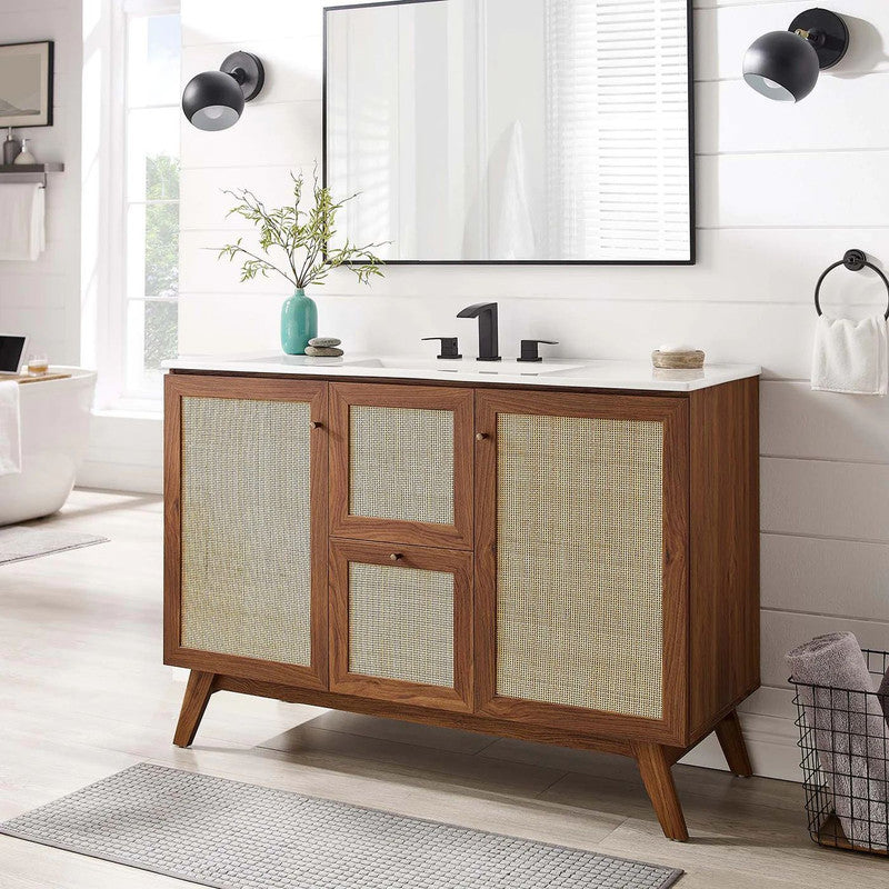 48-in Walnut Bathroom Vanity with white top and Rattan Door and drawer