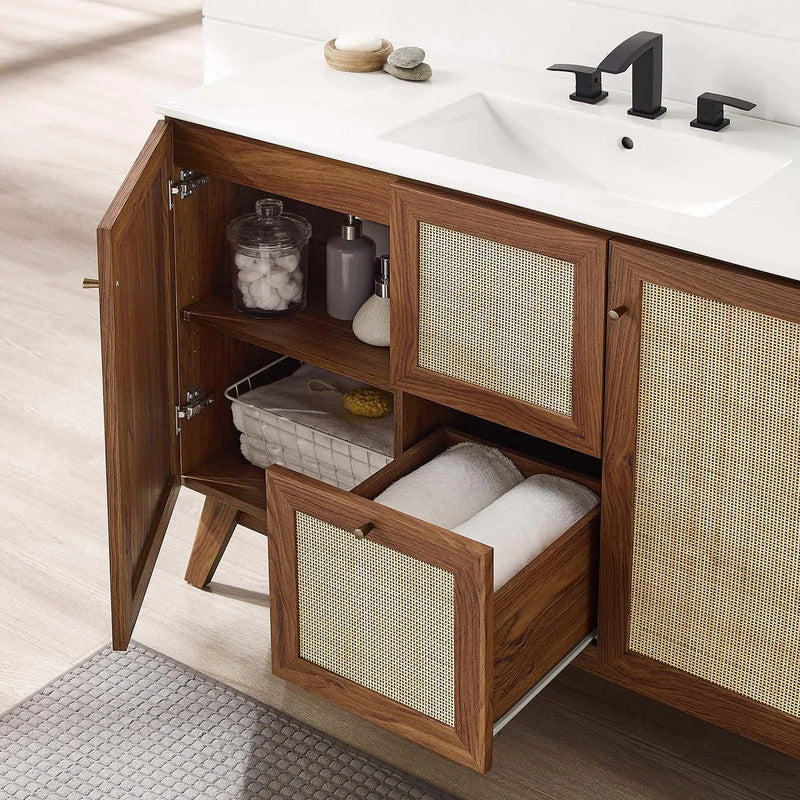 48-in Walnut Bathroom Vanity with white top and Rattan Door and drawer