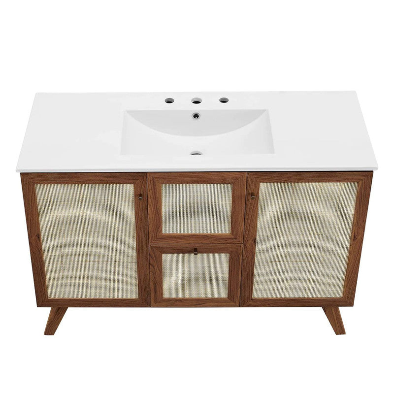 48-in Walnut Bathroom Vanity with white top and Rattan Door and drawer