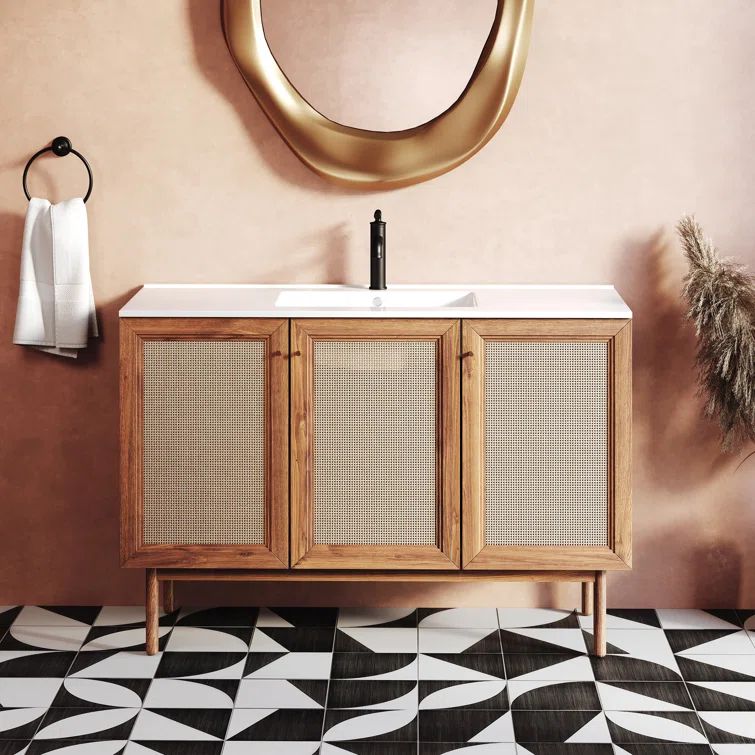 48-in Wood Single Bathroom Vanity Set with Rattan 3-Doors