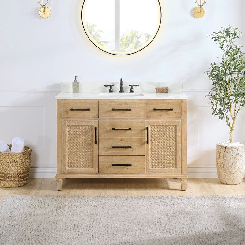 48-in Wood Single Bathroom Vanity Set with Rattan Door and drawer