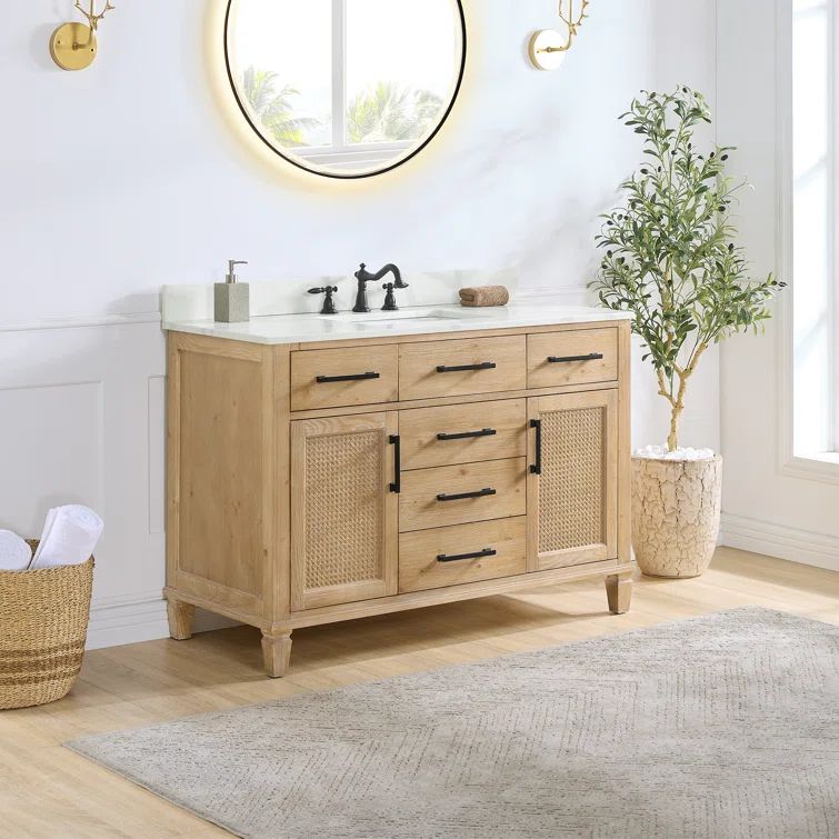 48-in Wood Single Bathroom Vanity Set with Rattan Door and drawer