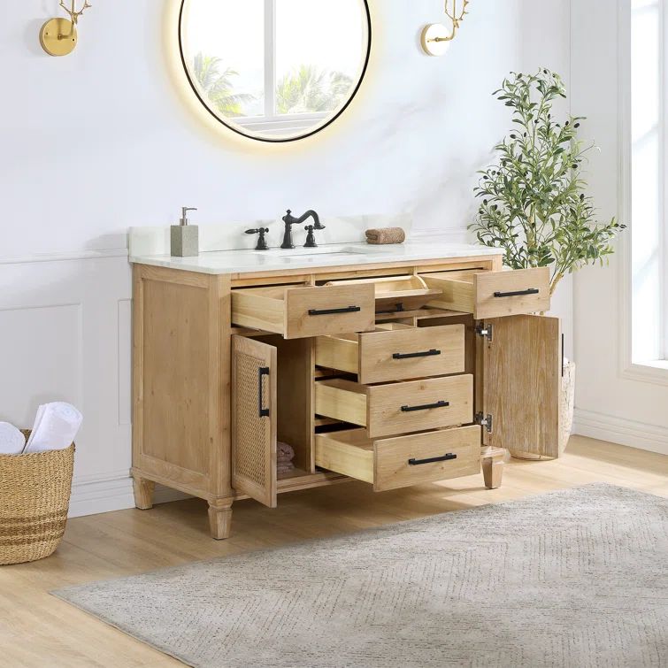 48-in Wood Single Bathroom Vanity Set with Rattan Door and drawer