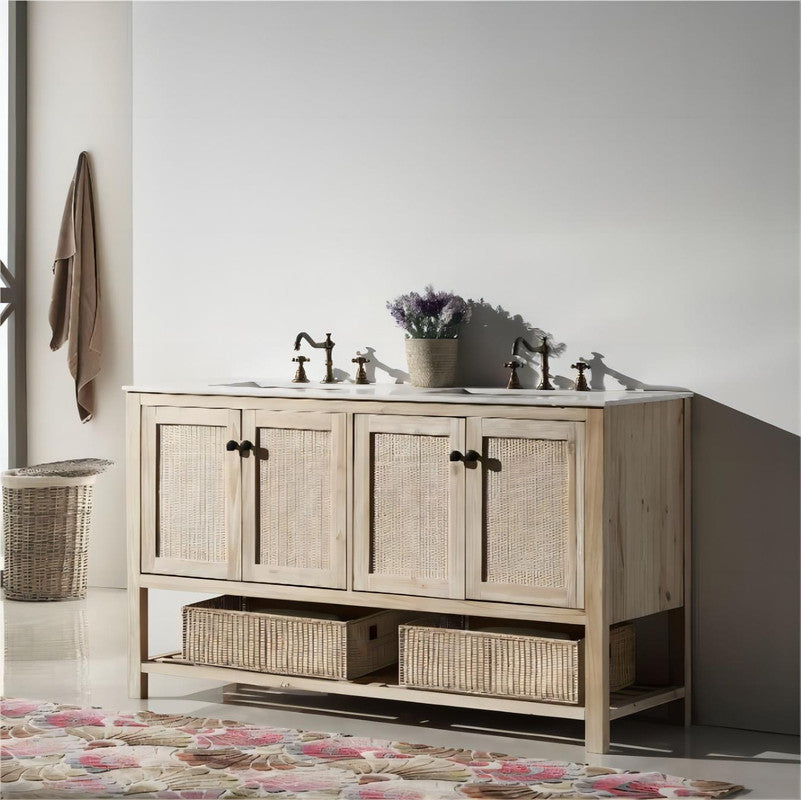 60-in Solid Wood  Double sink Vanity With Marble Top White Wash Finish