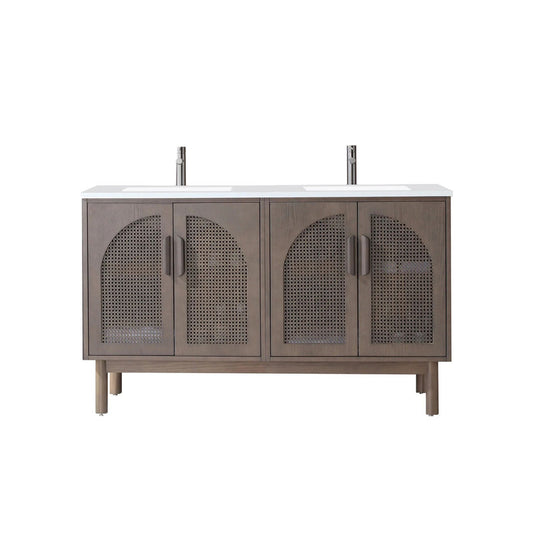 60-in Grey Solid Wood  Double sink Vanity With Marble Top White Wash Finish and Rattan 4-Door