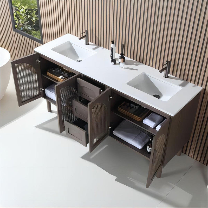 72-in Grey Solid Wood  Double sink Vanity With Marble Top White Wash Finish and Rattan 4-Door