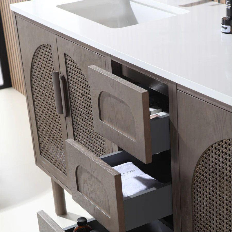 72-in Grey Solid Wood  Double sink Vanity With Marble Top White Wash Finish and Rattan 4-Door