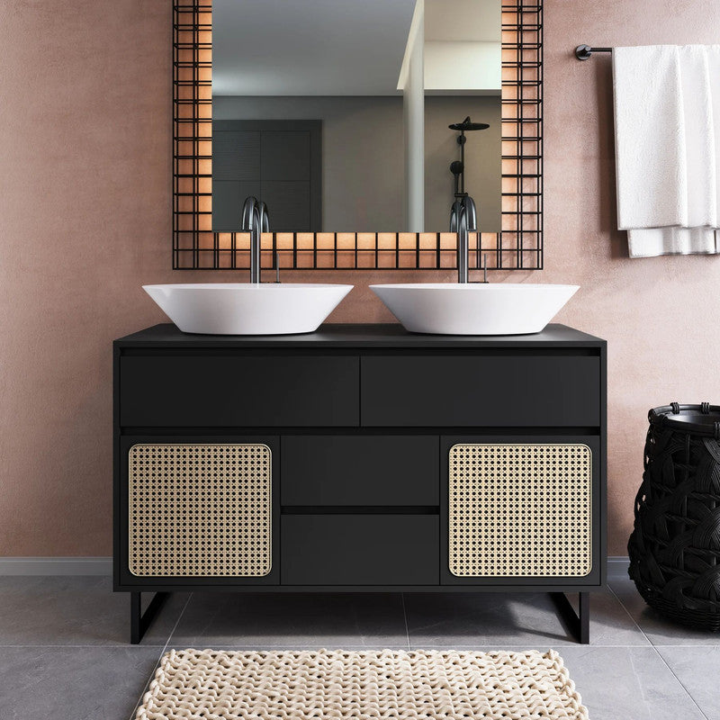 60-in Black Double sink Vanity With Marble Top White Wash Finish