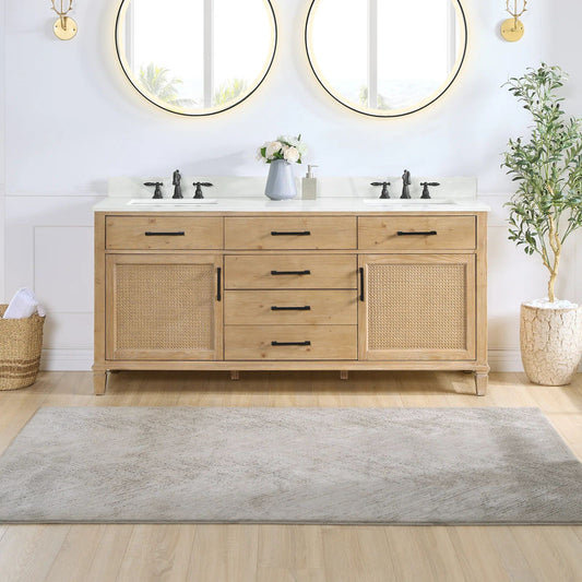 72-in Double Bathroom Vanity Base with Rattan Door