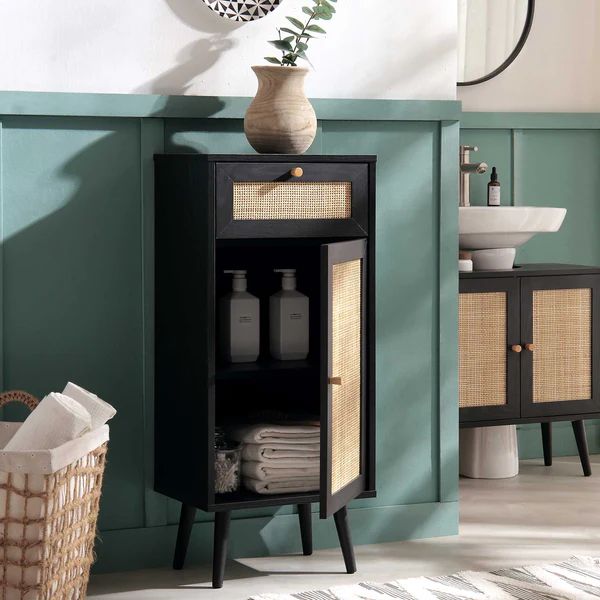 Bathroom black rattan storage cabinet