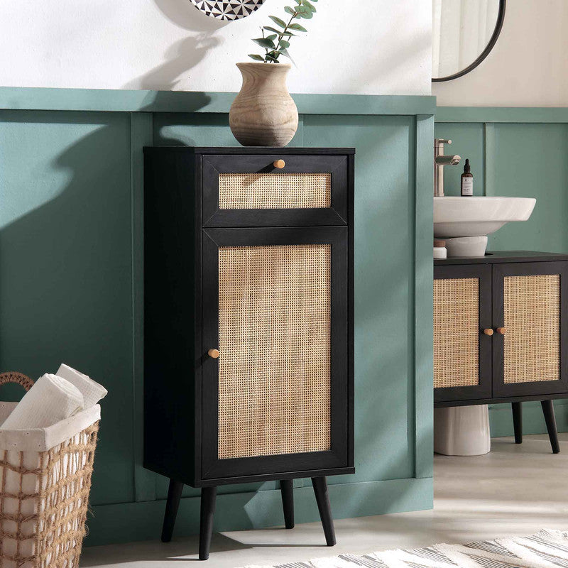 Bathroom black rattan storage cabinet