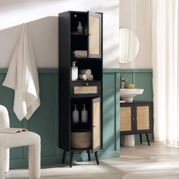 65.2-in High Bathroom rattan storage cabinet - Black