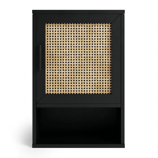 Black Wall Cabinet with Rattan door