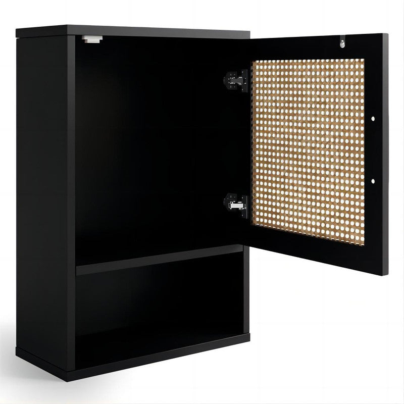 Black Wall Cabinet with Rattan door